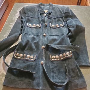 Double D ranch southwest green suede leather studded long belted  coat sz Medium